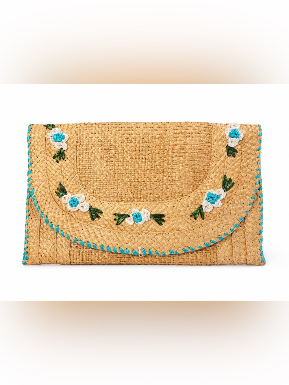 Handwoven Straw Clutch Envelope Bag with Embroidered Floral Detail Boho Beach
